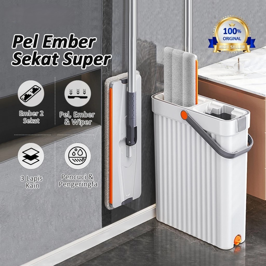 Foto Indo Essentials Pel Lantai Otomatis 2-in-1 Ember Sekat 360° Dual Bucket Mop